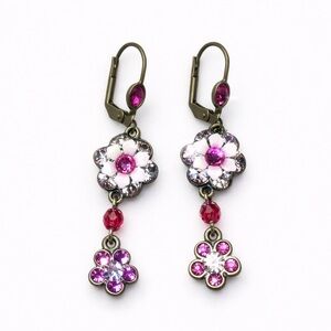 Michal Negrin Pink Crystal Flower Drop Earrings